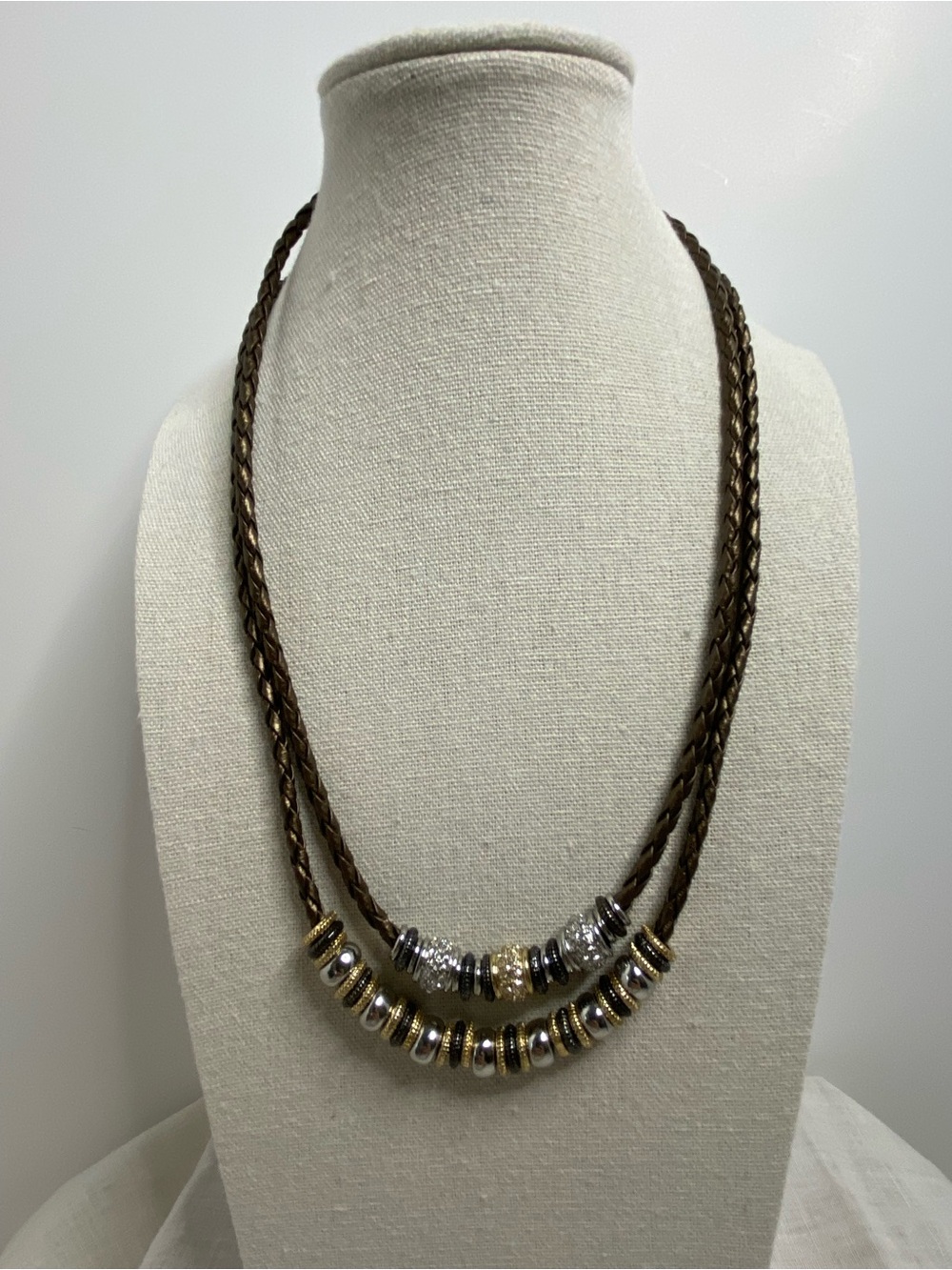 Double Braided Faux Leather Necklace Beads Crystal Pavé Mixed Metal